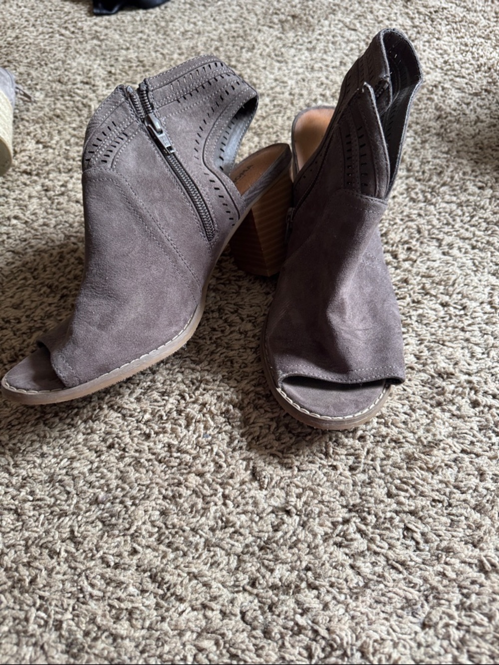 Sonoma Taupe Open-Toe Suede Booties with Side Zipper